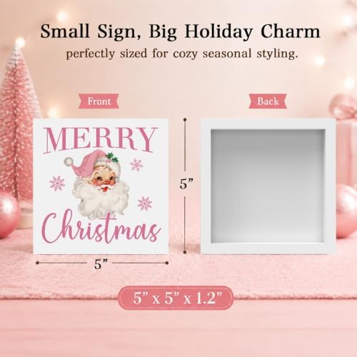 Pink Christmas Decor, Vintage Christmas Decorations Indoor, Snowflake Santa Claus Sign Gift for Women Friends, Rustic Farmhouse Wooden Box Sign for Home Office Bedroom Desk Decor 5x5 Inches - Image 2