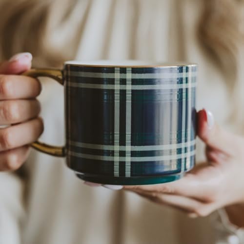 Sweet Water Decor Navy & Green Plaid Coffee Mug, 14oz Fine Bone China Cup - Image 2