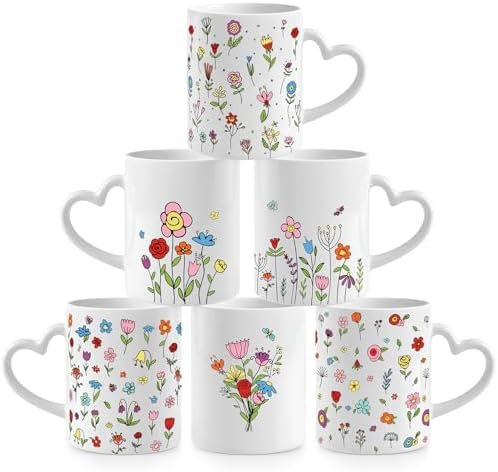 Wildflower Heart Handle Coffee Mug Set of 6, Ceramic 10 Oz Cups by Pickmesh