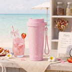YOME 17oz Elegant Bow Pink Ceramic Lined Insulated Coffee Mug with Infuser for Women Gift| One-handed Pop Open Lid | Stainless Steel |Keep Drinks Cold and Hot| 100% Leak Proof - Image 2