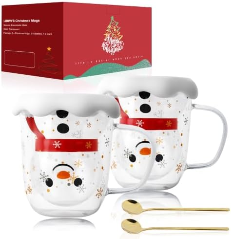 LIBWYS 2pcs Snowman Christmas Mugs, 13 oz Double Walled Coffee Mugs with Snowflake Lid, Heat Resistant mugs set for Hot Cocoa and Latte, Christmas Gift for Family, Friend by LIBWYS