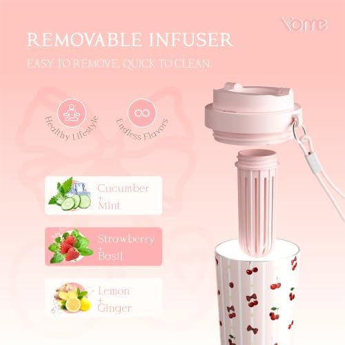 YOME 17oz Stripe Cherry Pink Ceramic Lined Insulated Coffee Mug with Infuser for Women Gift | One-handed Pop Open Lid | Stainless Steel |Keep Drinks Cold and Hot| 100% Leak Proof - Image 4