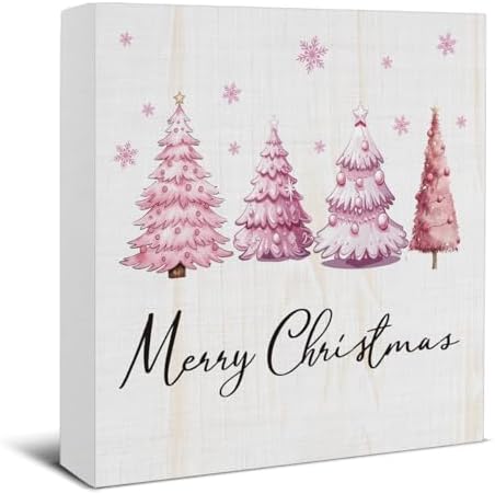 Merry Christmas Decorations - Pink Christmas Tree Wooden Sign by EUDOSI