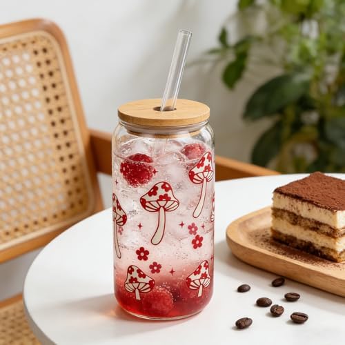 Coquette Cute Glass Cup with Lids and Straws 18OZ Mushroom Iced Coffee Cup - Image 4