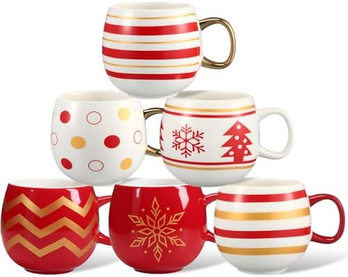 Jinei 6 Pcs Christmas Mug Set Christmas Ball Coffee Mug, Gold,Red, Retro - Image 4