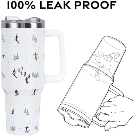Christmas Tumbler with Handle and Straw Lid 40 oz,Cute Gifts for Women Merry Xmas Tree Skiers Skiing the Mountain Winter Holiday Festival Vacuum Insulated Leak Proof Stainless Steel Coffee Cup Mug - Image 4