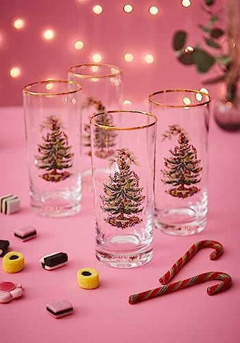 Spode Christmas Tree 15oz Highball Glasses, Set of 4 - Gold-Rimmed Elegant Holiday-Themed Glassware, Festive Holiday Drinkware for Christmas Parties, New Year’s Toasts & Festive Occasions - Image 5