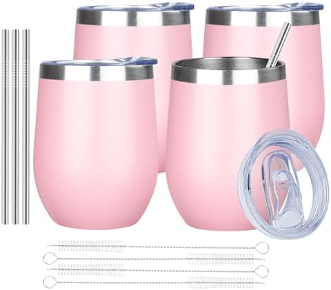 MEZMUT 12 Oz Insulated Wine Tumbler Bulk with Lid Wine Glass(Pink,4 Pack) by MEZMUT
