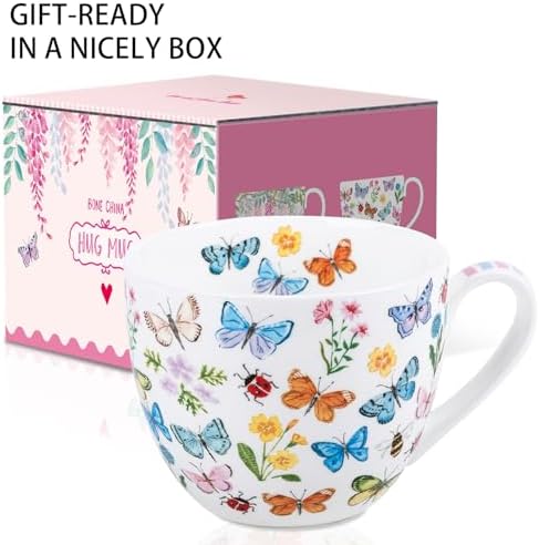 Colorful Butterfly Mug - 20oz Bone China Coffee Tea Hug Mug with Multicolor Butterflies, Ladybugs, Bees & Blooms, Perfect Gifts for Mom Women Mothers Day, Designed in England by Harvest Green Studio - Image 3
