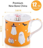 Cute Ghost Halloween Coffee Mug, 12oz Orange Ceramic Coffee Cup with Bow Pumpkins, Bats & Witch Hat Design, Spooky-Cute Holiday Gift for Halloween, Designed in England by Harvest Green Studio - Image 3