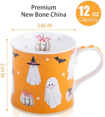 Cute Ghost Halloween Coffee Mug, 12oz Orange Ceramic Coffee Cup with Bow Pumpkins, Bats & Witch Hat Design, Spooky-Cute Holiday Gift for Halloween, Designed in England by Harvest Green Studio - Image 3