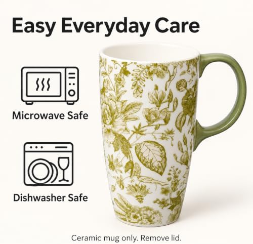 Topadorn 17 Oz Ceramic Coffee Travel Mug with Spill Proof Lid & Handle, Microwave Dishwasher Safe Tea Cup, Green Leaf - Image 2