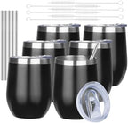 MEZMUT 12 Oz Insulated Wine Tumbler with Lid Double Wall Vacuum Stainless Steel Wine Glass Coffee Mug Insulated Tumbler Cup for Champaign, Cocktail, Beer (Black, 6 Pack) by MEZMUT