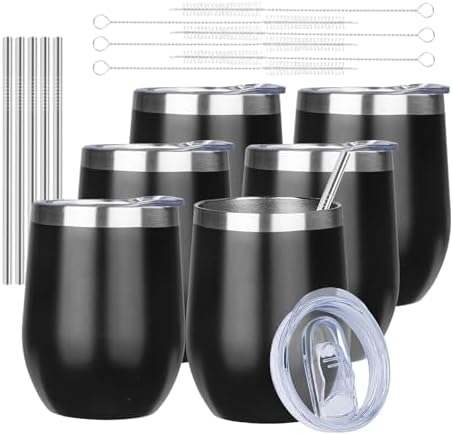 MEZMUT 12 Oz Insulated Wine Tumbler with Lid Double Wall Vacuum Stainless Steel Wine Glass Coffee Mug Insulated Tumbler Cup for Champaign, Cocktail, Beer (Black, 6 Pack) by MEZMUT