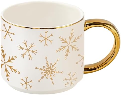 Sweet Water Decor Gold Snowflake Coffee Mug, 14oz China Christmas Mug with Gold Handle, Large Holiday Winter Cup for Coffee, Tea & Hot Chocolate, Stocking Stuffer Gifts for Women by SweetWaterDecor