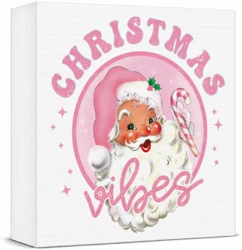 Pink Christmas Decor, Vintage Christmas Decorations Indoor, Glitter Candy Cane Santa Claus Sign Gift for Women Friends, Rustic Farmhouse Wooden Box Sign for Home Office Bedroom Desk Decor 5x5 Inches by Unknown