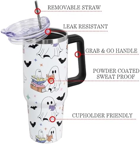 Halloween Tumbler with Lid and Straw 40oz,Cute Spooky Ghost Reading Vacuum Insulated Leak Proof Tumbler,Goth Bookish Reader Gift Women Girls,Book Lover Accessories Stainless Steel Coffee Cup - Image 4