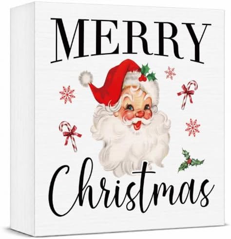 Vintage Christmas Decor, Christmas Decorations Indoor, Snowflake Candy Cane Santa Claus Sign Gift for Women Friends, Rustic Farmhouse Wooden Box Sign for Home Office Bedroom Desk Decor 5x5 Inches by Unknown