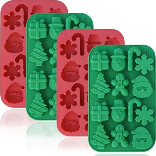 HKNMTT Christmas Silicone Chocolate Molds, 4 PCS Candy Baking Moulds, 3D Snowflake Cane Snowman Xmas Tree Gingerbread Man Santa Claus Gift Box Shape Mold for DIY Handmade Soap Candles Jello by HKNMTT