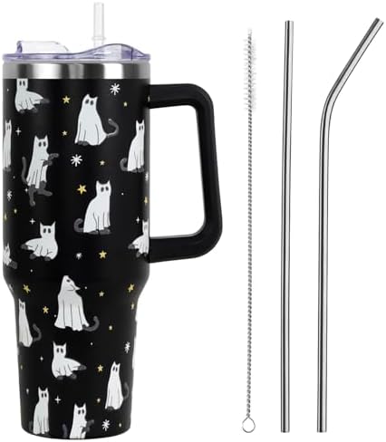 Halloween Tumbler with Lid and Straw 40oz,Black Cute Ghost Cat Vacuum Insulated Leak Proof Tumbler,Goth Cute Spooky Gift Women Girls,Halloween Accessories Stainless Steel Coffee Cup by Unknown