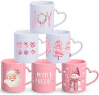 Set of 6 Pink Christmas Mugs, 10 oz Ceramic Coffee Cups by Pickmesh