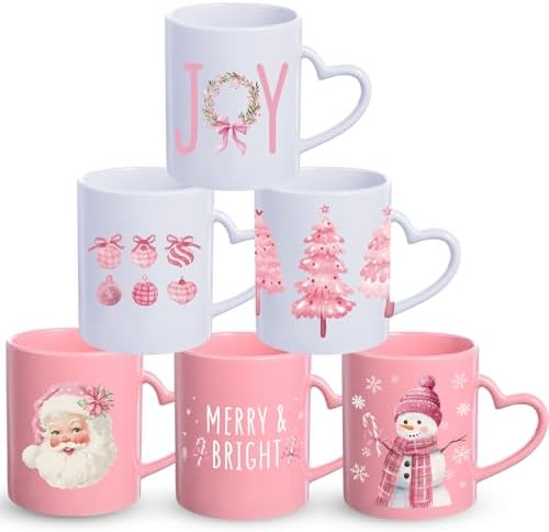Set of 6 Pink Christmas Mugs, 10 oz Ceramic Coffee Cups by Pickmesh