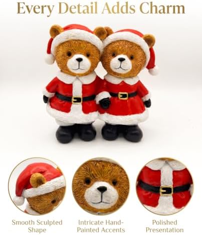 Christmas Decoration Indoor Duo Teddy Bear Figurine - Resin Santa Bears Couple Statue, Festive Winter Tabletop Decor, Holiday Mantel Tiered Tray Accent for Home Decor - Image 7