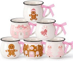 Sawysine 6 Pink Gingerbread Christmas Mugs, 12 oz Ceramic Holiday Cups by Sawysine