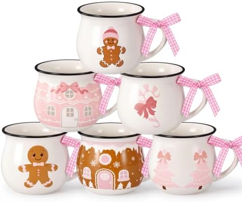 Sawysine 6 Pink Gingerbread Christmas Mugs, 12 oz Ceramic Holiday Cups by Sawysine
