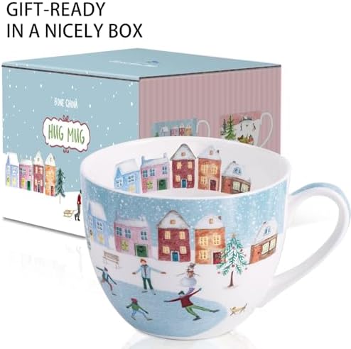 Christmas Skating Mug - 20 oz Bone China Winter Coffee Mugs with Snowy Village, Perfect Holiday and Birthday Gifts for Friends and Family - Designed in England by Harvest Green Studio - Image 3