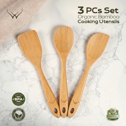 Prime Bamboo Wooden Spoons for Cooking Set of 3 Pcs – Wooden Cooking Utensils with Long Handle, Includes Flat Wood Spoon, Bamboo Spatula, and Slotted Spoon for Kitchen Utensils Set - Image 2