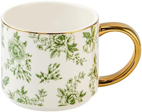 Sweet Water Decor Green Delft Coffee Mug, Vintage Green Floral Design with Gold Handle & Rim, 14oz Fine Bone China Tea Cup, Cute Gifts for Mother's Day, Baby Shower, Christmas & Mom's Birthday by SweetWaterDecor