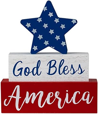 MEETYAMOR 4th of July Decorations, Memorial Day God Bless America Wooden Block Sign with Star, 250th Anniversary Patriotic Independence Day Decor for The Home Tiered Tray Shelf Table Tabletop Mantel by MEETYAMOR