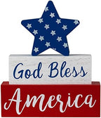 MEETYAMOR 4th of July Decorations, Memorial Day God Bless America Wooden Block Sign with Star, 250th Anniversary Patriotic Independence Day Decor for The Home Tiered Tray Shelf Table Tabletop Mantel by MEETYAMOR