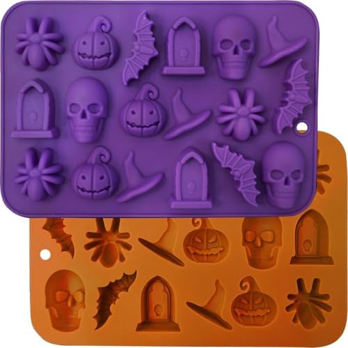 Halloween Molds Silicone for Chocolate 2 Pack, 3D Halloween Chocolate Candy Gummy Mold Skull Pumpkin Bat Ghost Witch Hat Spider tombstone Shapes Mold by HKNMTT