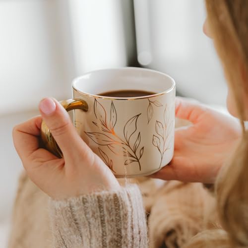 Sweet Water Decor Gold Leaves Mug with Gold Handle, 14oz Fine Bone China Coffee Cup for Tea, Latte, or Hot Cider, Autumn Leaf Drinkware, Fall Decorations for Kitchen, Gift for Mom, Sister & Wife - Image 2
