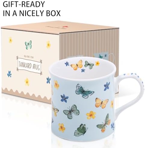Colorful Butterfly & Floral Coffee Mug – 12 oz Premium New Bone China Blue Tea Cup, Elegant Ceramic Mug Gift for Women, Mom & Butterfly Lovers – Designed in England by Harvest Green Studio - Image 4