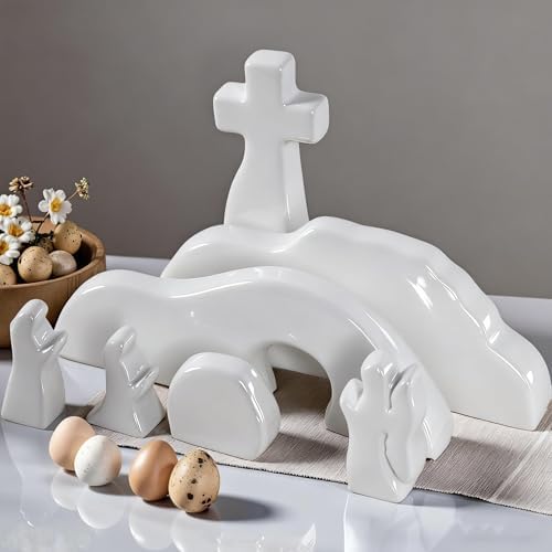 Empty Tomb Easter Scene and Cross Decoration, Ceramic Resurrection Scene Cross Jesus Tomb Decor, Christmas Decoration Jesus Nativity Scene for Religious Home Office Tabletop Christian Gifts - Image 2