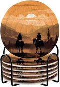 YETTASBIN Western Cowboy 6 Pcs Drink Coasters with Holder, Cotton Woven Absorbent Heat-Resistant Round Coaster Non-Slip Table Mat for Kitchen Bar Home Decor Housewarming Gift, 3.9 in by Unknown