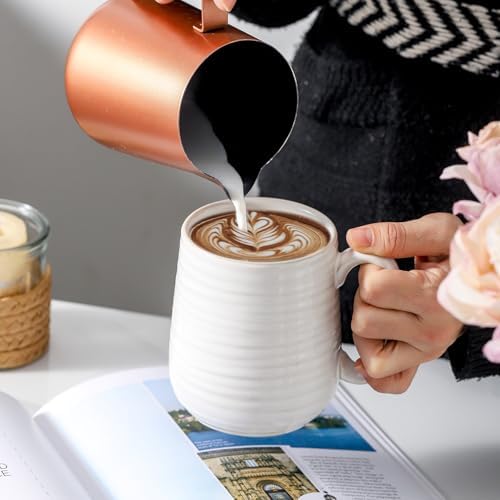 HASENSE Coffee Mugs, 15oz Clay-Infused White Ceramic Coffee Cups Set of 4 - Image 4