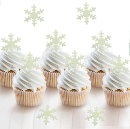 YOcity 50PCS Edible Snowflakes Cake Cupcake Toppers White Snowflake Cupcakes Decorting for Christmas Winter Frozen Theme Birthday Party Supplies (White) - Image 2
