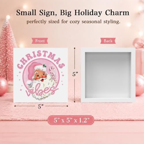 Pink Christmas Decor, Vintage Christmas Decorations Indoor, Glitter Candy Cane Santa Claus Sign Gift for Women Friends, Rustic Farmhouse Wooden Box Sign for Home Office Bedroom Desk Decor 5x5 Inches - Image 2