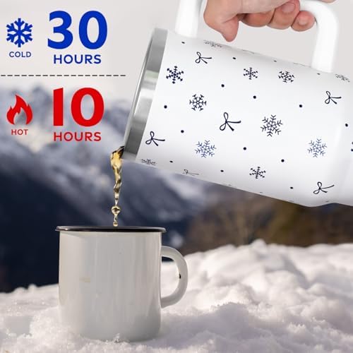 Christmas Tumbler with Handle and Straw Lid 40 oz,Cute Blue Merry Xmas Snowflake Bow Gifts for Women Vacuum Insulated Leak Proof Tumbler,Winter Holiday Accessories Stainless Steel Coffee Cup Mug - Image 5