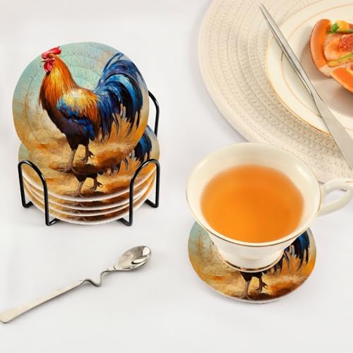 YETTASBIN Rooster 6 Pcs Drink Coasters with Holder, Cotton Woven Absorbent Heat-Resistant Round Coaster Non-Slip Table Mat for Kitchen Bar Home Decor Housewarming Gift, 3.9 in - Image 5
