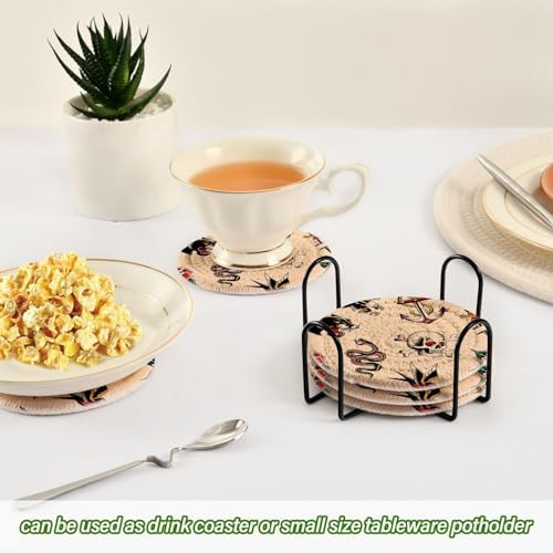YETTASBIN Old School Tattoo 6 Pcs Drink Coasters with Holder, Cotton Woven Absorbent Heat-Resistant Round Coaster Non-Slip Table Mat for Kitchen Bar Home Decor Housewarming Gift, 3.9 in - Image 6