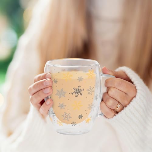 JarThenaAMCS Christmas Double Wall Glass Coffee Mugs 12Oz Gold Silver Snowflake Insulated Glasses Clear Espresso Cups with Handle for Winter Xmas Holiday Supplies, Set of 2 - Image 6