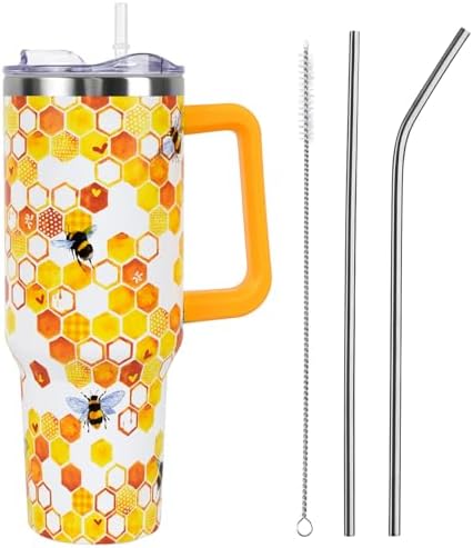 Spring Summer Tumbler with Handle and Straw Lid 40 oz,Cute Bee Gift for Women Men Queen Bee Honeycomb Vacuum Insulated Leak Proof Stainless Steel Coffee Cup Mug by Unknown