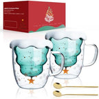 LIBWYS 2 Pack Christmas Mugs, Double Walled Borosilicate Christmas mug set with Snowflake Lid, Cute Mugs for Hot Cocoa and Coffee, 300ml Christmas tree mugs Christmas Gift for Family, Friend by LIBWYS