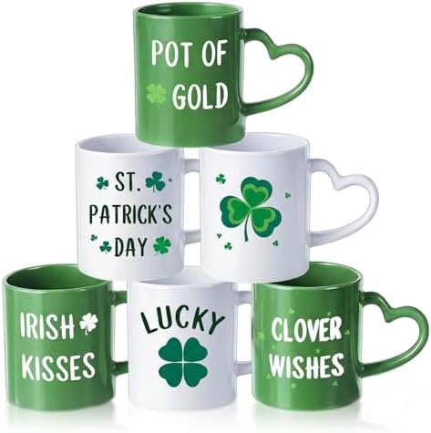 St Patrick's Day Irish Coffee Mugs Set of 6,10 oz Ceramic St. Paddy's Day Mugs with Heart Shaped Handle, Green Shamrock Clover Coffee Mug, Irish Glasses Lucky Gifts for Home Party Decor 2026 by Pickmesh