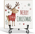 Merry Christmas Decor with Reindeer Wood Plaque with Support Stand by ZEDEV